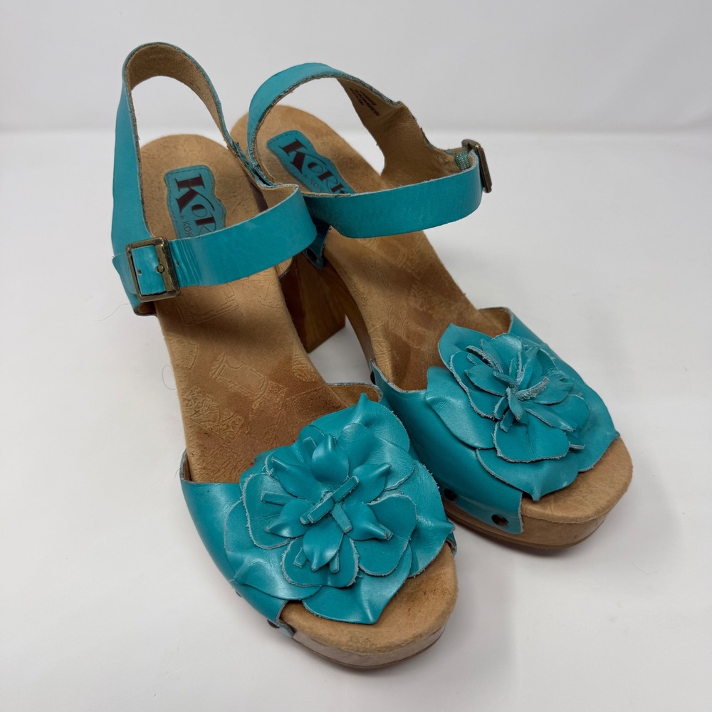 Korks by Kork-Ease Womens Turquoise Leather Floral Wood Platform Sandals Q65413